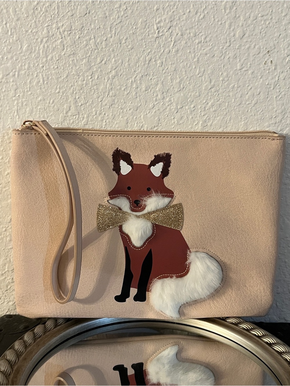 LC Lauren Conrad Blush Pink Fox Applique Wristlet Clutch